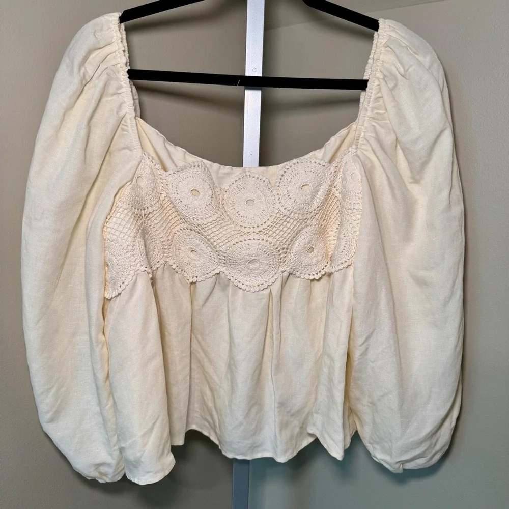 Anthropologie Linen Blend Crochet Lace‎ Puff Sleeve Babydoll Blouse Cream Large
